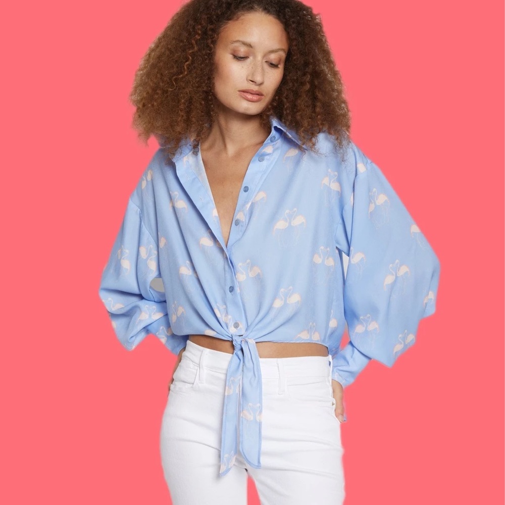 GILNER FARRAR Button Down Tie Front Flamingo Shirt Blue Pink size Medium